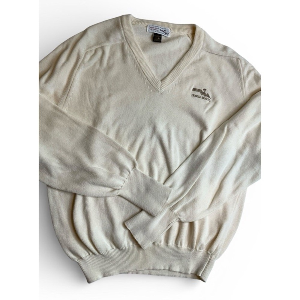 Pebble Beach V Neck  Golf Sweater Size XL USA ‎ Preppy Classic Off White Cotton